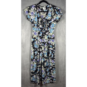 Vintage‎ Laura Ashley Rayon Dress Women 8 Black Blue Floral Bow Midi Ruffle